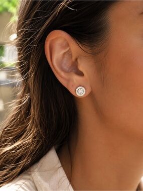 18K Gold Plated CZ Halo Stud Earrings Stainless Steel Waterproof
